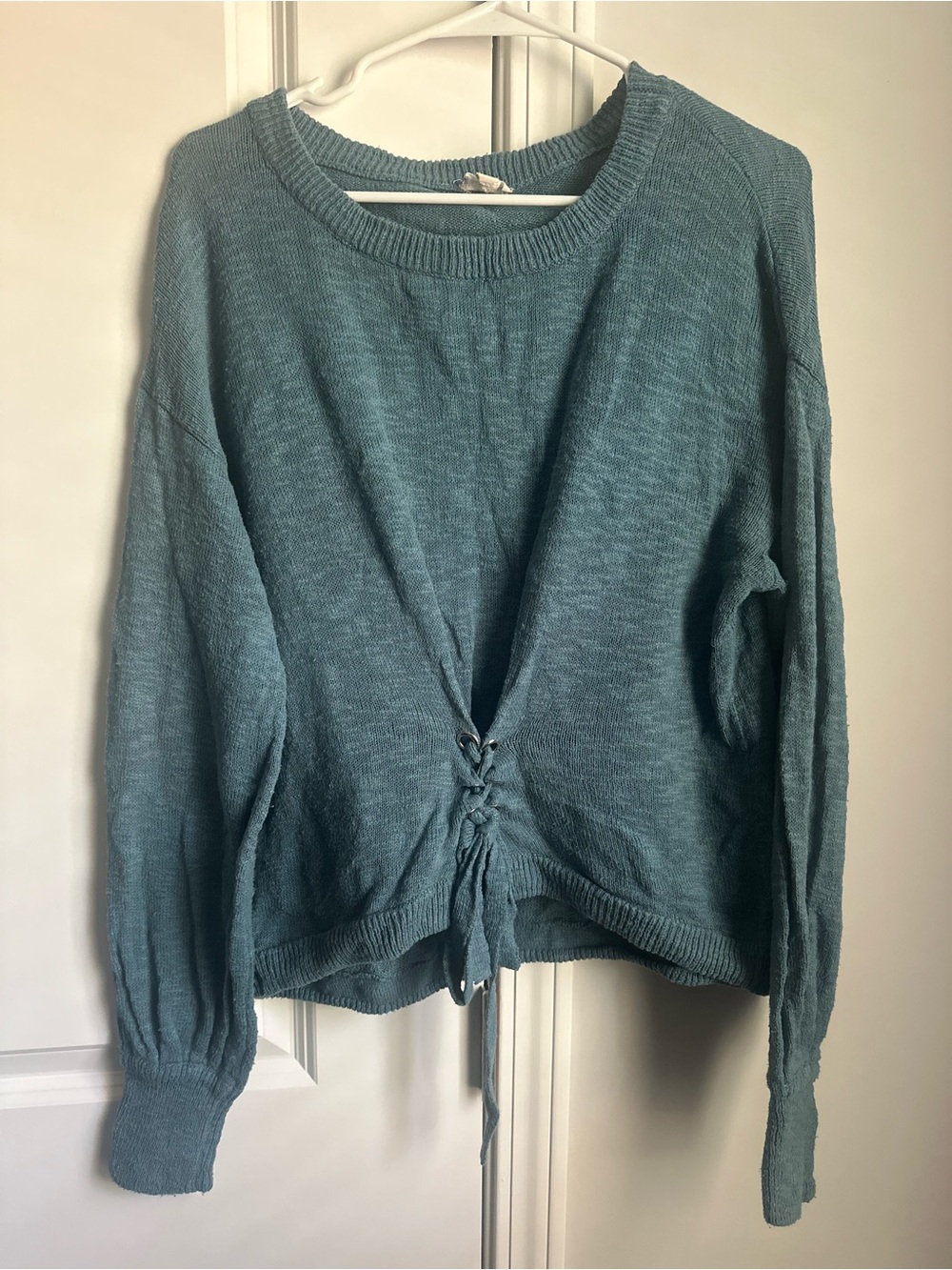 Hem & Thread Teal Lace-Up Front Scoop Crewneck Sweater- Boutique Brand